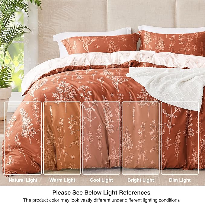 Love's cabin Terracotta Full Comforter Set - Full Size Comforter Set, 3 Pieces Cute Floral Bedding Sets for All Seasons,1 Soft Reversible Botanical Flowers Comforter and 2 Pillow Shams