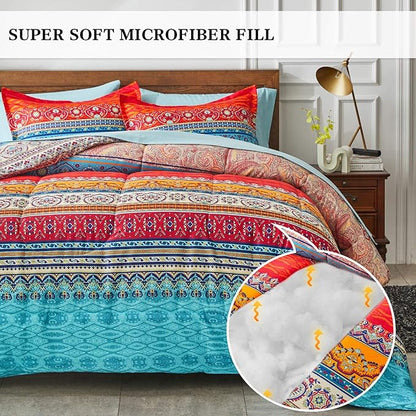 Flysheep Boho Striped Bed in a Bag 7 Pieces King Size, Colorful Bohemian Tribal Teal Blue Red Reversible Bed Comforter Set(1 Comforter, 1 Flat Sheet, 1 Fitted Sheet, 2 Pillow Shams, 2 Pillowcases)