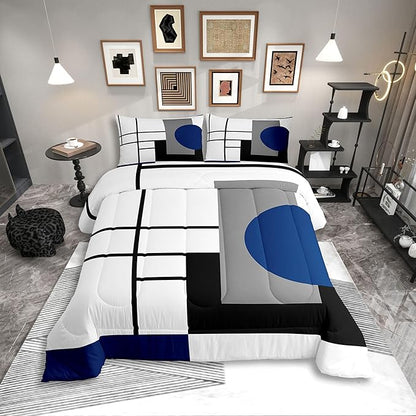 Erosebridal White Black Blue Striped Queen Comforter Set for Adult Women Men Boho Modern Geometric Abstract Bedding Set Stripes Lines Bed Set Minimalist Square and Circle Quilt Set