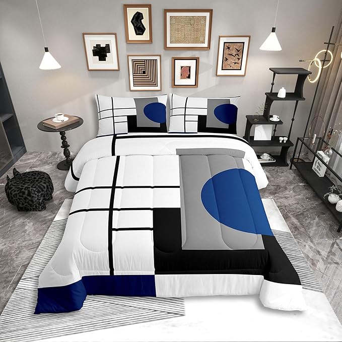 Erosebridal White Black Blue Striped Twin Bedding Sets for Adult Women Men Boho Modern Geometric Abstract Comforter Set Stripes Lines Quilt Set Minimalist Square and Circle Bed Collections