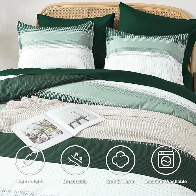 Andency California King Comforter Set Emerald Green - 7 Pieces Striped Lightweight Bed in a Bag, Soft Microfiber Reversible Bedding Set with Comforter, Fitted & Flat Sheet, Pillowcases & Shams