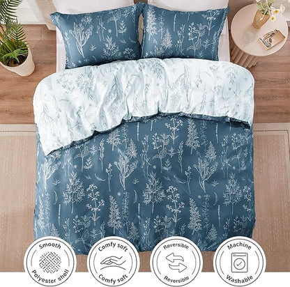 Love's cabin Bluish Grey Comforter Set King - King Size Comforter Set, 3 Pieces Cute Floral Bedding Sets for All Seasons,1 Soft Reversible Botanical Flowers Comforter and 2 Pillow Shams