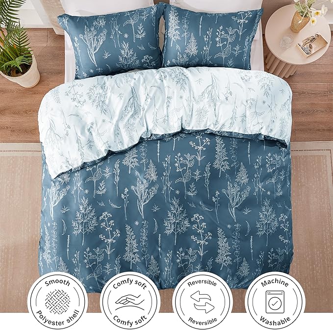 Love's cabin Bluish Grey Comforter Set Queen - Queen Size Comforter Set, 3 Pieces Cute Floral Bedding Sets for All Seasons,1 Soft Reversible Botanical Flowers Comforter and 2 Pillow Shams