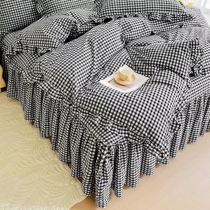 mixinni Vintage Black Gingham Ruffle Comforter Set 3-Piece Washed Cotton Full Size Grid Bedding Set with Geometric Checkered Pattern, Farmhouse Chic Soft Fluffy Comforter for All-Season