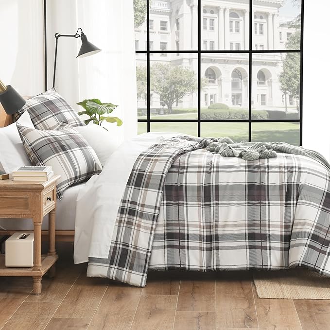 Andency Gray Brown Black Plaid Comforter Set Full(79x90Inch), 3 Pieces Grid Gingham Stripes Bedding Comforter Sets for Boys Girls Kids Teens, Preppy Geometric Line Soft Lightweight Reversible Bed Set