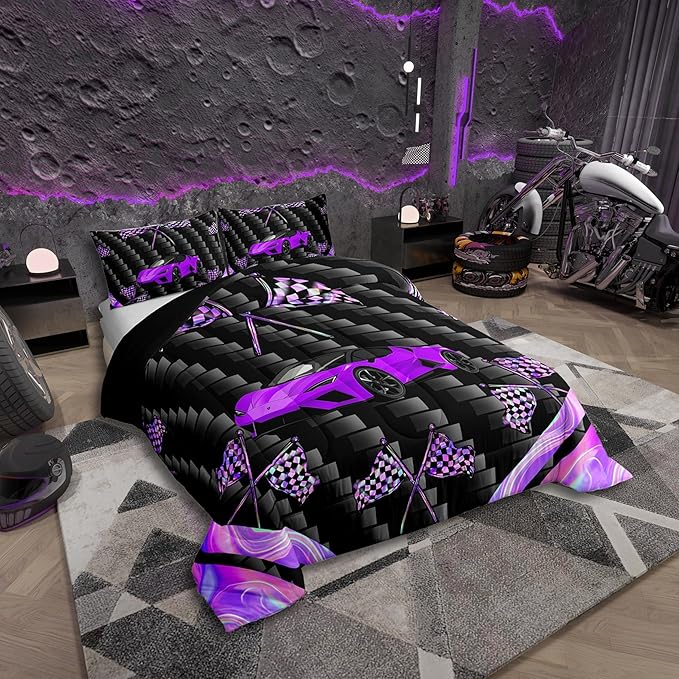 jejeloiu Purple Race Car Bedding Set King Size Extreme Sports Comforter Set for Kids Teens Adult Fast and Furious Duvet Set Dazzling Flag Quilt Set 3Pcs