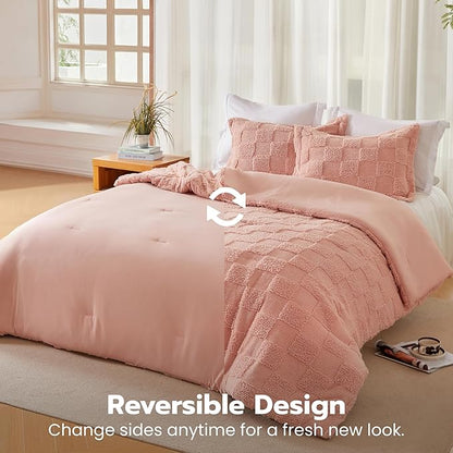 Joiedomi Tufted Twin Comforter Set, 2 Pieces Coral Pink Boho Twin Bedding Set with 1 Plaid Geometric Comforter and 1 Pillow Sham, Checkered Bed in a Bag for All Seasons