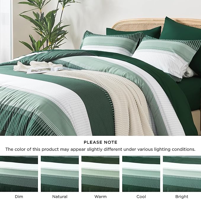 Andency California King Comforter Set Emerald Green - 7 Pieces Striped Lightweight Bed in a Bag, Soft Microfiber Reversible Bedding Set with Comforter, Fitted & Flat Sheet, Pillowcases & Shams