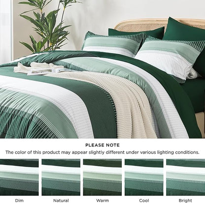 Andency California King Comforter Set Emerald Green - 7 Pieces Striped Lightweight Bed in a Bag, Soft Microfiber Reversible Bedding Set with Comforter, Fitted & Flat Sheet, Pillowcases & Shams