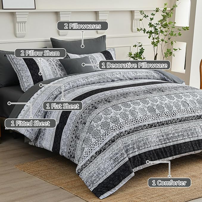 Cottolester Boho King Size Comforter Set 8 Pieces,Gray Bohemian Striped Bed in a Bag,Floral Soft Microfiber Bedding Comforter Set
