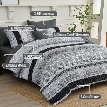 Cottolester Boho Queen Size Comforter Set 8 Pieces,Gray Bohemian Striped Bed in a Bag,Floral Soft Microfiber Bedding Comforter Set