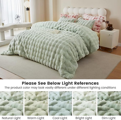 Simple&Opulence Fluffy Faux Fur Comforter Set, Plush Fuzzy Minky Bedding Set, 3 Pieces Warm Soft Comforter Bedding Set for Winter - 1 Shaggy Comforter with 2 Pillow Shams(Queen, Light Green)