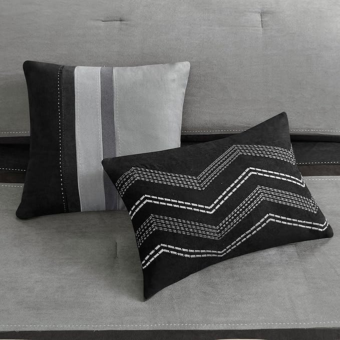 Madison Park Palisades Comforter Set Modern Faux Suede Pieced Stripe Design, All Season Down Alternative Cozy Bedding with Matching Shams, Decorative Pillows, Queen(90"x90"), Black 7 Piece