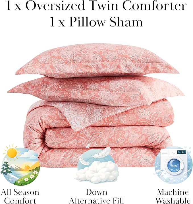 Southshore Fine Living, Inc. Extra Long Twin Comforter, Oversized Bedding Set, Down Alternative Paisley Bedspread, Reversible Bed Comforter, Twin/XL Comforter & Matching Pillow Sham, Coral/White