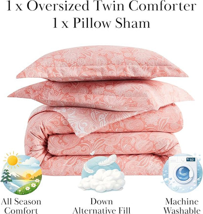 Southshore Fine Living, Inc. Extra Long Twin Comforter, Oversized Bedding Set, Down Alternative Paisley Bedspread, Reversible Bed Comforter, Twin/XL Comforter & Matching Pillow Sham, Coral/White