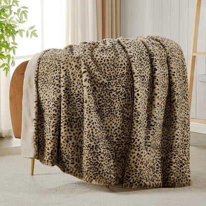JONIYEAR Decorative Brown Leopard Print Faux Rabbit Fur Blanket Twin Size 60" x 70", Double Sided Soft Thick Warm Cheetah Blankets for Winter,Cute Accent Cozy Animal Blanket for Women,Breathable,Tan