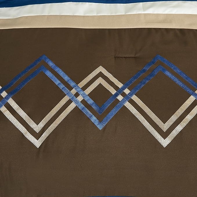 Chezmoi Collection Arden 7-Piece Modern Pleated Stripe Embroidered Zigzag Bedding Comforter Set (Full, Coffee/Brown/Navy/White)