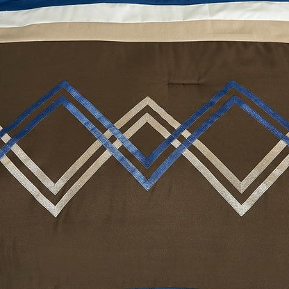 Chezmoi Collection Arden 7-Piece Modern Pleated Stripe Embroidered Zigzag Bedding Comforter Set (Full, Coffee/Brown/Navy/White)