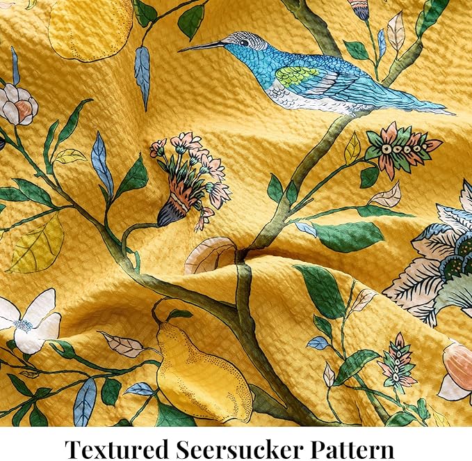 MUSSEL Yellow Bedding Queen Comforter Set 3 Pieces,Vintage Botanical Floral Pattern Bed Comforter Sets,Boho Whimsical Modern Printed Design Cute Seersucker Bedroom Comforter and Shams