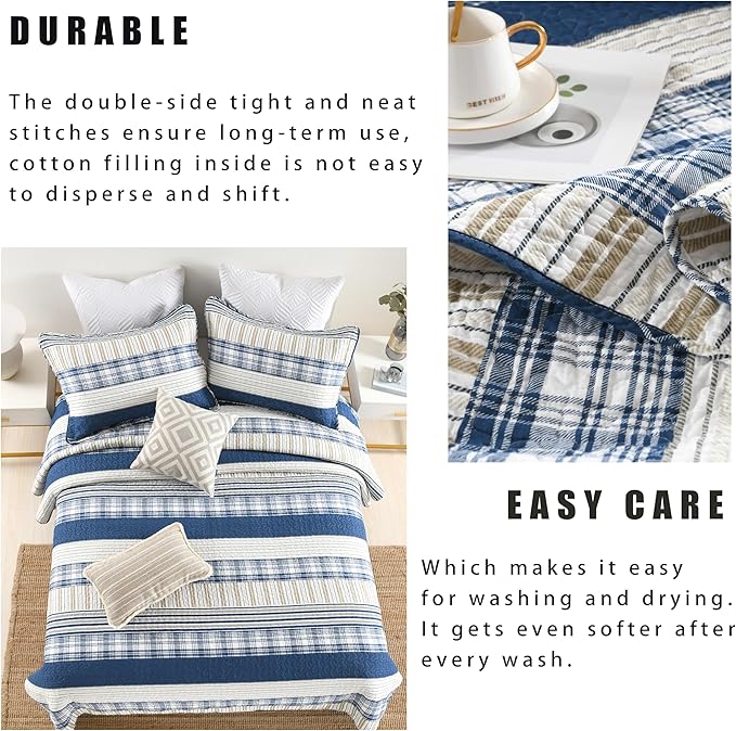 Homzard Twin Comforter- Blue Twin Bedding Sets, Plaid Striped Twin Quilt, Blue White Tan Quilt 100% Cotton, Farmhouse Comforter Bedspread 2 Pieces
