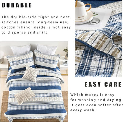 Homzard King Size Comforter Set - 100% Cotton Blue White Tan Quilt King Size,Farmhouse Plaid Striped Bedspread Set,Reversible Lightweight Quilts 3 Pieces