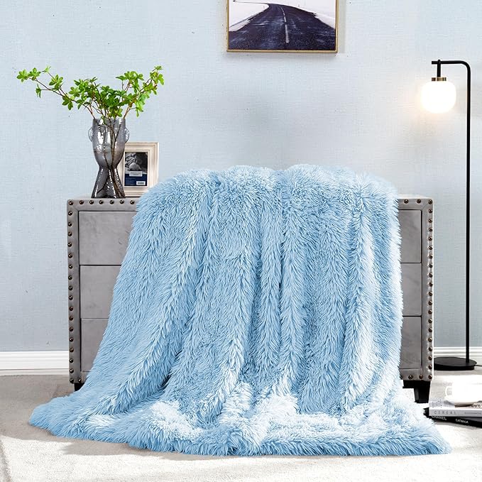 JONIYEAR Extra 2.8" Long Hair Fluffy Faux Fur Throw Blanket 50" x 60", Luxury Soft Decorative Fuzzy Furry Blankets for Couch, Cozy Plush Shaggy Blankets for Sofa Bed, Cute Lovely Blanket for Pet, Blue