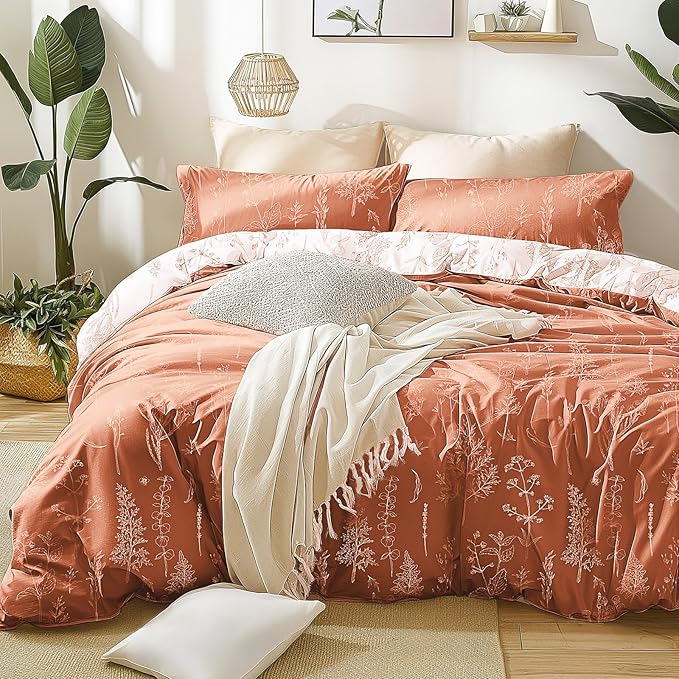 Love's cabin Terracotta Full Comforter Set - Full Size Comforter Set, 3 Pieces Cute Floral Bedding Sets for All Seasons,1 Soft Reversible Botanical Flowers Comforter and 2 Pillow Shams