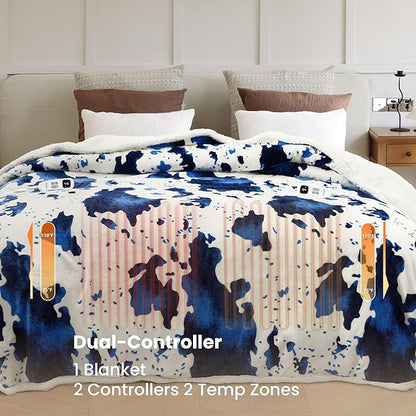 Cow Print Electric Heated Blanket Queen-Dual Control Heating Blanket Queen Size with 10 Heat Levels & 10 Hours Auto-Off, Cozy Soft Fleece Sherpa, Washable, 84x90 Inche Cow Print Blue