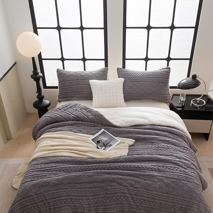 COTTEBED Reversible Sherpa Fluffy Comforter Queen Set, Boho Tufted Bedding Down Blanket Comforter Set, Ultra-Soft Washed Cotton Shabby Plush Fleece Sherpa Thick Warm for Winter Autumn, Grey Full Queen