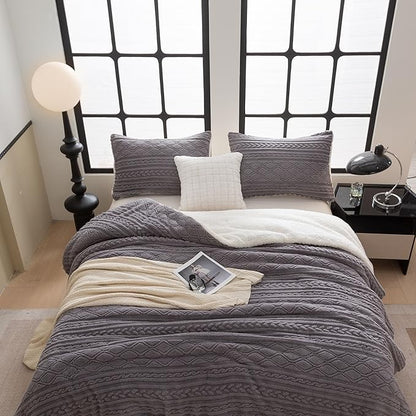 COTTEBED Reversible Sherpa Fluffy Comforter Queen Set, Boho Tufted Bedding Down Blanket Comforter Set, Ultra-Soft Washed Cotton Shabby Plush Fleece Sherpa Thick Warm for Winter Autumn, Grey Full Queen