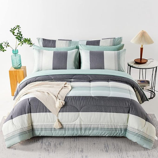 RYNGHIPY Sage Green Striped Comforter Set, Geometric Lightweight Soft Bedding Set, All Season Down Alternative Men Boy Comforter with Sheets Pillowcses (Queen,Sage Green)