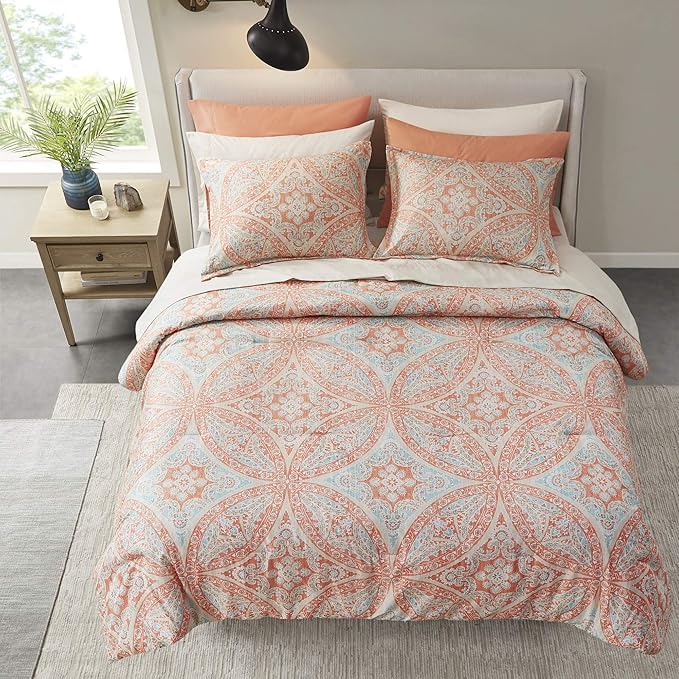 Comfort Spaces Bed in A Bag - Trendy Casual Design Cozy Comforter with Complete Sheet Set with Side Pocket, All Season Cover, Matching Shams, Full(80"x90"), Gloria, Damask Coral 9 Piece