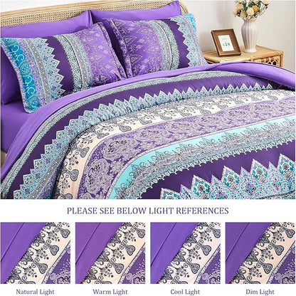 Boho Comforter Set Queen - 7 Pieces Bed in a Bag, Bohemian Striped Comforter Set with Sheets, Soft Microfiber Purple Floral Bedding Set for All Season
