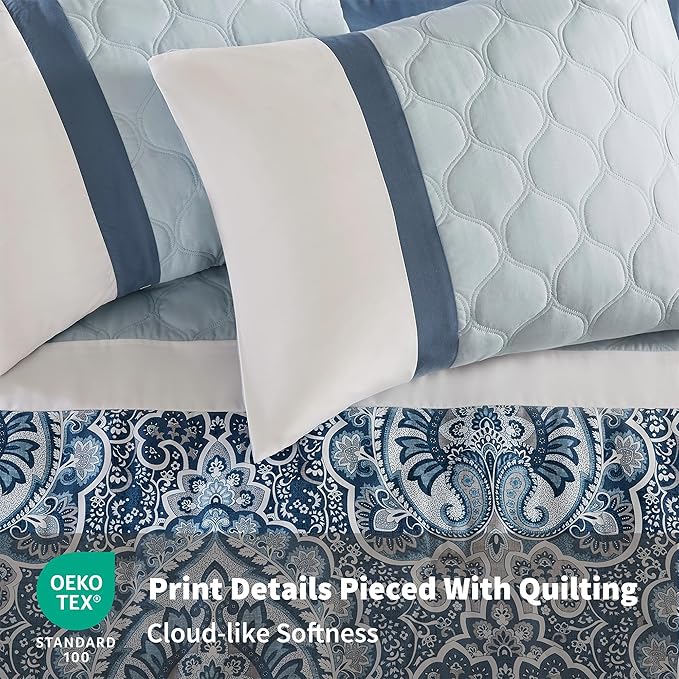 510 DESIGN Luxe Quilted Comforter Set Modern Transitional Design, All Season Down Alternative Warm Bedding Matching Shams, Bedskirt, Decorative Pillow, Cal King, Shawnee Scrollwork Blue