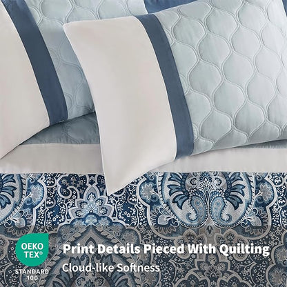 510 DESIGN Luxe Quilted Comforter Set Modern Transitional Design, All Season Down Alternative Warm Bedding Matching Shams, Bedskirt, Decorative Pillow, Cal King, Shawnee Scrollwork Blue