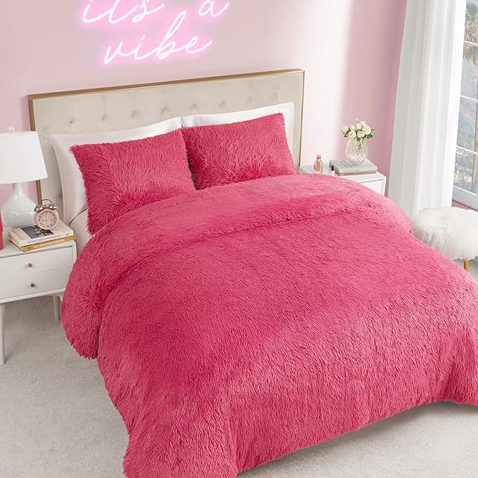 Juicy Couture Shaggy Faux Fur Hot Pink King Comforter Set - Soft and Cozy 3-Piece Machine Washable Bedding Comforter and Sham Set