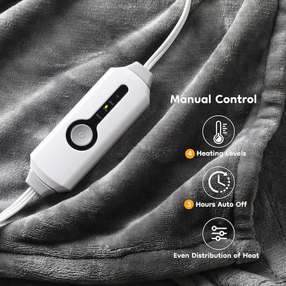 Electric Heated Blanket Throw Size 50"×60", Breathable & Luxurious Flannel, Soft Warm Gift with Over-Heat Protection, 4 Heating Levels & 3 H Auto Shut Off, Machine Washable, Light Grey