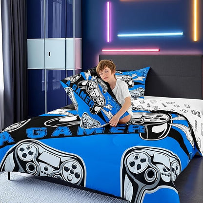 Erosebridal Gamer Comforter Sets for Boys Full Size,Gaming Bedding Sets for Boys Kids Teens Gamepad Gaming Comforter Set Game Room Decor,Blue Black 3Pcs