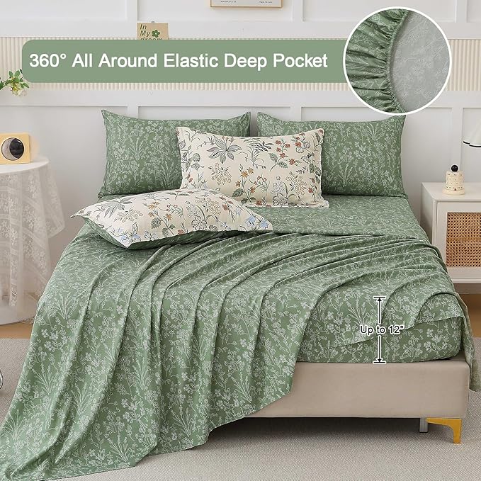 WONGS BEDDING Floral Comforter Set King Size,7 Pieces Bed in a Bag Flower Bedding Sets Botanical Microfiber Comforter Soft Loghtweight Bed Set with Sheet,Pillowcases&Shams