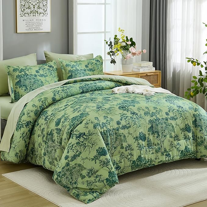 DJY Queen Size Comforter Sets, 7 Pieces Green Botanical Comforter Set with Sheets Bed in a Bag Queen White Elegant Plants Print Soft Microfiber Reversible Complete Bedding Sets for All Season
