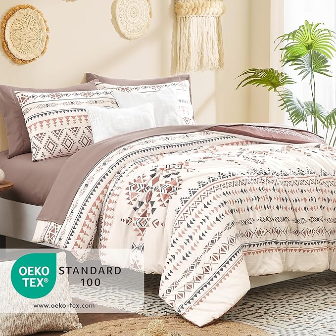 Geniospin Queen Comforter Set - 7 Pieces Reversible Bedding Set, Boho Bed in A Bag, Lightweight Soft Aztec Bedding, All Season Bed Comforter Set with Sheets, Pillowcases & Shams