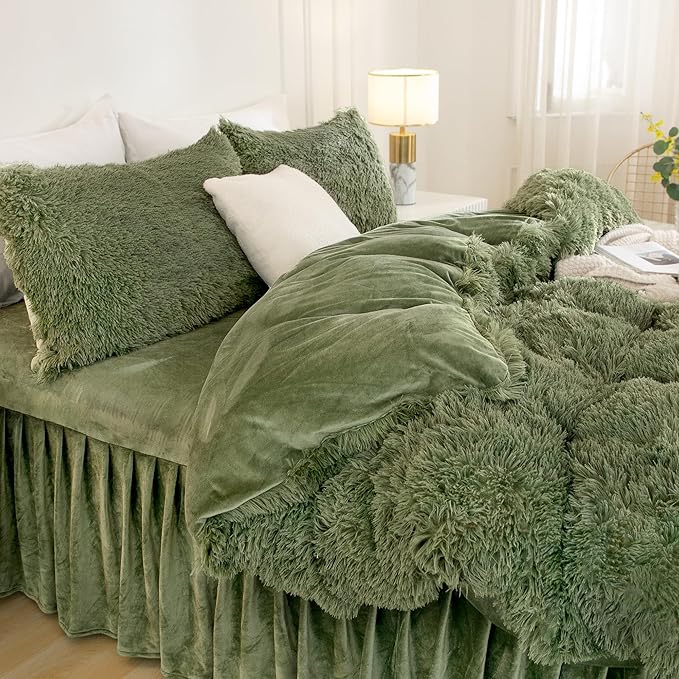 Andency Faux Fur Sage Green Comforter Set King Size, 3 Pieces Fluffy Fuzzy Plush Bedding Comforter Set (1 Shaggy Velvet Comforter & 2 Pillowcases), Soft Puffy Comfy Down Comforter Bedding Set