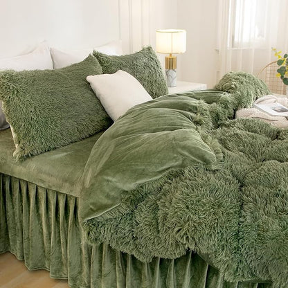Andency Faux Fur Sage Green Comforter Set Full Size, 3 Pieces Fluffy Fuzzy Plush Bedding Comforter Set (1 Shaggy Velvet Comforter & 2 Pillowcases), Soft Puffy Comfy Down Comforter Bedding Set