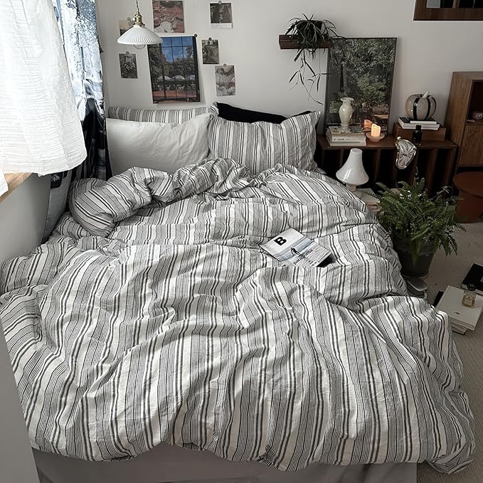 VM VOUGEMARKET Full Comforter Set Vintage Grey White Striped Dorm Bedding with Matching Pillowcases Lightweight Luxury Comforter for Boys Men