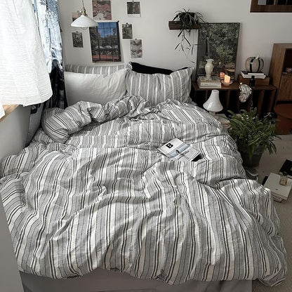 VM VOUGEMARKET Full Comforter Set Vintage Grey White Striped Dorm Bedding with Matching Pillowcases Lightweight Luxury Comforter for Boys Men