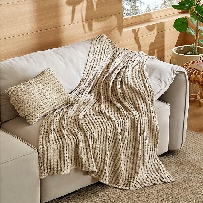 Bedsure 5 Pieces Cotton Comforter Set with Cotton Waffle Throw Blanket - White Comforter King Size, Pillow Shams, Taupe Cooling Blanket of Rayon Derived from Bamboo for Hot Sleepers, Throw Pillow