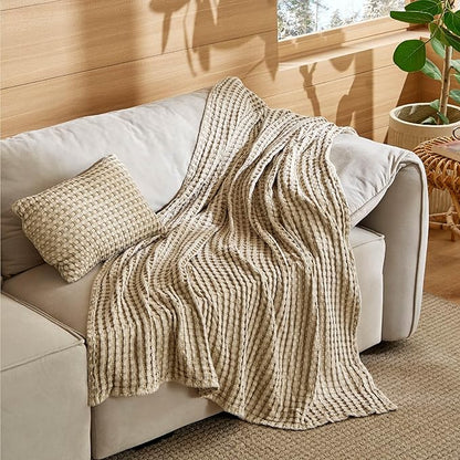 Bedsure 5 Pieces Cotton Comforter Set with Cotton Waffle Throw Blanket - White Queen Comforter, Pillow Shams, Taupe Cooling Blanket of Rayon Derived from Bamboo for Hot Sleepers, Throw Pillow