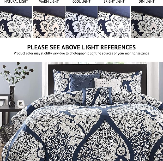 Madison Park Vienna Sateen Cotton Comforter Set, Breathable, Soft Cover, Trendy, All Season Down Alternative Cozy Bedding with Matching Shams, Queen, Indigo 7 Piece