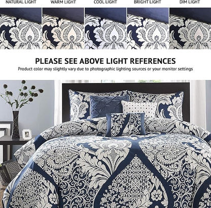 Madison Park Vienna Sateen Cotton Comforter Set, Breathable, Soft Cover, Trendy, All Season Down Alternative Cozy Bedding with Matching Shams, Queen, Indigo 7 Piece