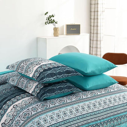 Cottolester Boho Full Size Comforter Set 8 Pieces, Teal Comforter Bohemian Striped Bed in A Bag, Soft Microfiber Bedding Set for All Seasons